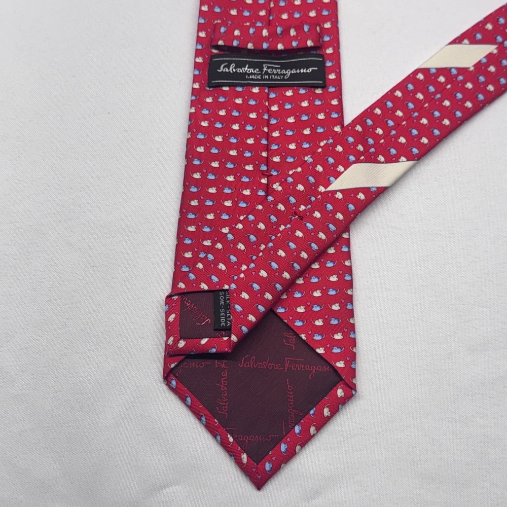 Salvatore Ferragamo Silk Tie Mens OS Red Mice Hearts Whimsical Designer Italy - Picture 2 of 4
